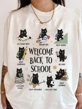 Welcome Back to School Cat Tee, Cute Black Cat Teacher Shirt